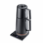 The SAKI Turkish Tea Maker Pro, a modern black tea maker with two stacked pots, sits atop a digital base that features an LCD display showing “100°.” Its sleek and minimalistic design stands out against a plain white background, emphasizing its precise temperature control.