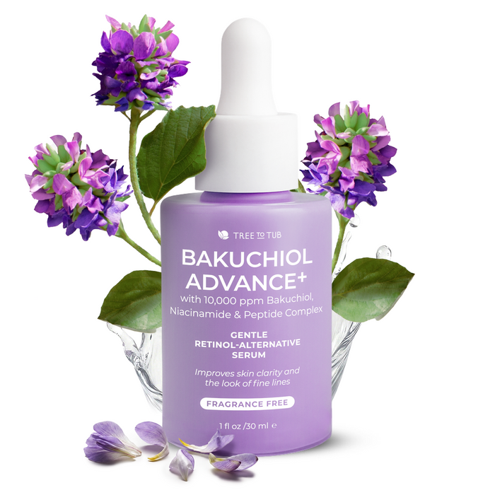 A purple bottle of Tree To Tub Bakuchiol Advance+ Gentle-Retinol Alternative Serum with a dropper cap, surrounded by purple clover flowers and a splash of water.