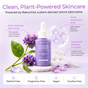 A purple bottle of Tree To Tub Bakuchiol Advance+ Gentle-Retinol Alternative Serum surrounded by purple flowers and abstract chemical icons, with labels highlighting its benefits and vegan, cruelty-free, and fragrance-free status.