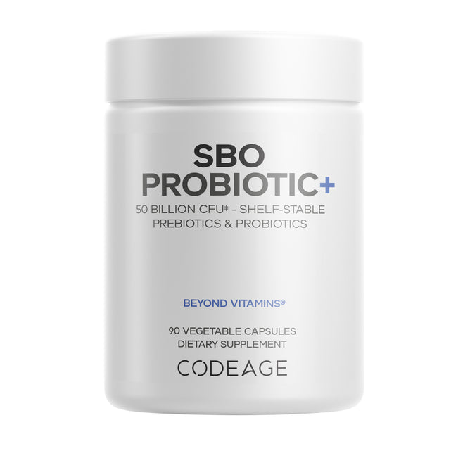 A white bottle labeled Codeage SBO Probiotic+ Capsules contains a shelf-stable prebiotic and probiotic supplement with 50 billion CFU+, offering 90 vegetable capsules per bottle.