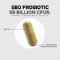 A tan capsule of Codeage SBO Probiotic+ Capsules, labeled with "50 Billion CFUs," measuring 0.87 inches in length (noted by arrows), and accompanied by a reminder that natural color variation may occur. Text emphasizes the product’s potent formula—providing 50 billion CFU per serving—and highlights the inclusion of prebiotics and fermented organic botanicals.
