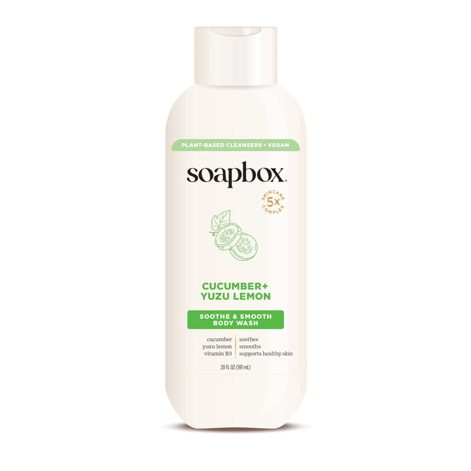 A 20 oz white bottle of Soapboxs Nourishing Body Wash includes antioxidant-rich cucumber and yuzu lemon. It features a plant-based, vegan formula to soothe and smooth your skin.