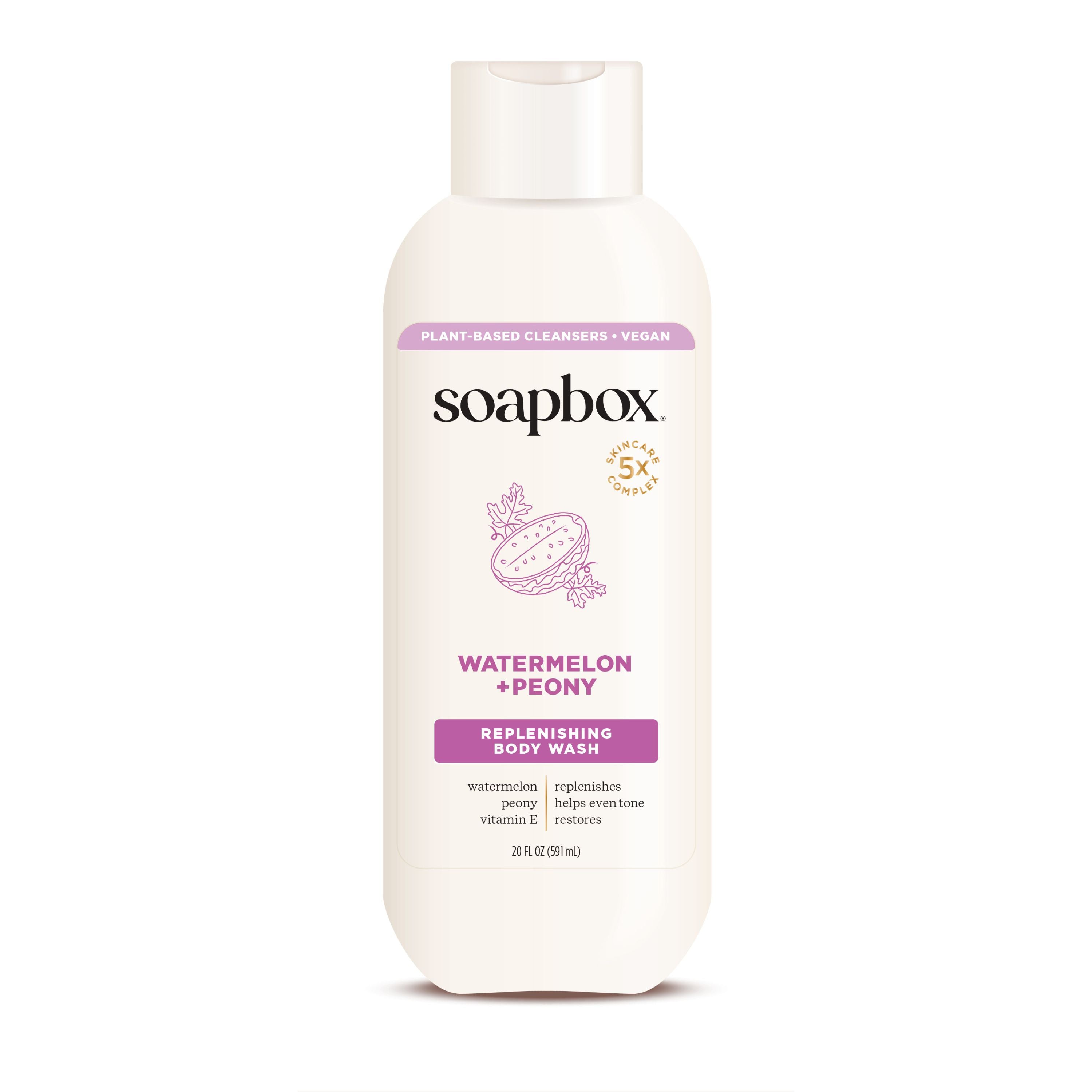 The 20 fl oz (591 ml) Soapbox Nourishing Body Wash, infused with plant-based, vegan ingredients like watermelon, peony, vitamin B, and nectars, is an antioxidant powerhouse that revitalizes your skin beautifully.