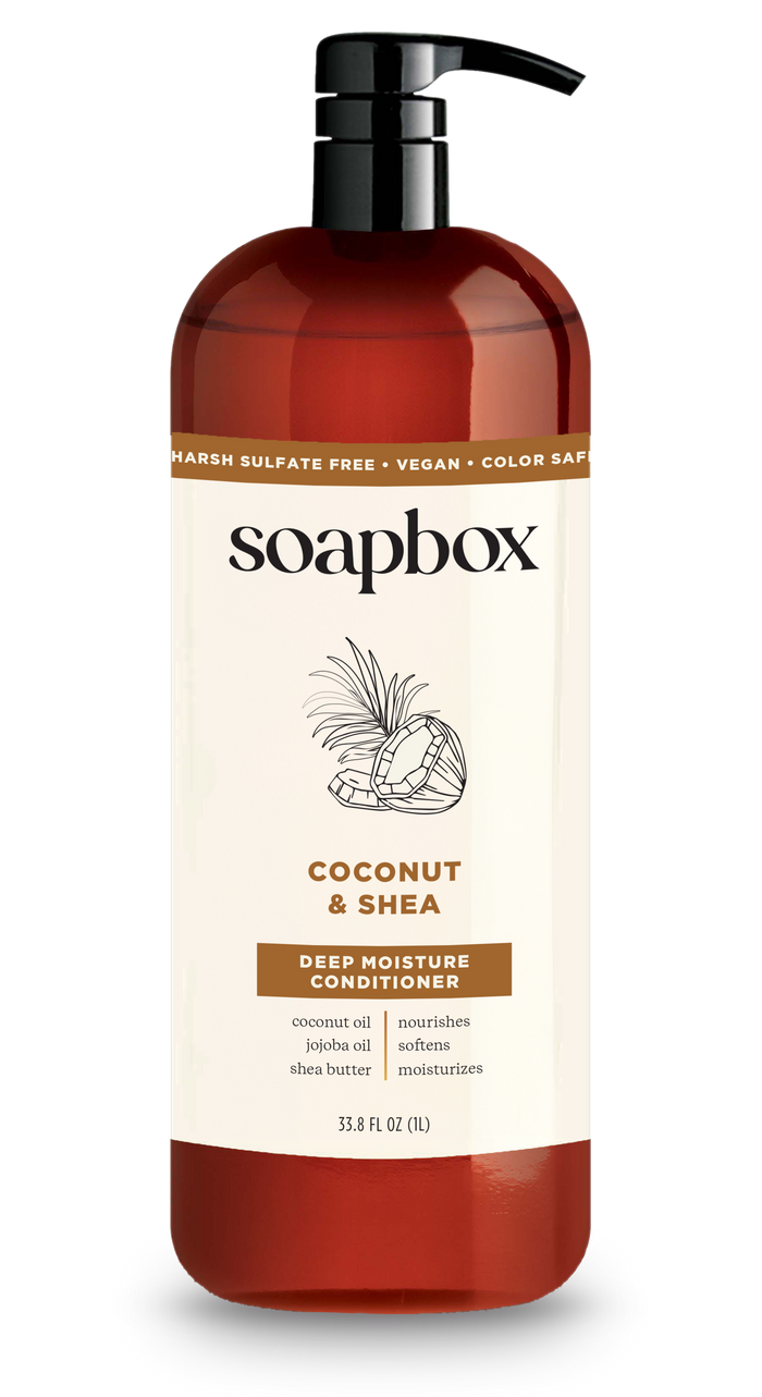 A 33.8 fl oz bottle of Soapbox Coconut & Shea Deep Moisture Conditioner is a hydrating formula with a 5X vitamin complex, enriched with coconut oil and shea butter. Its paraben-free, sulfate-free, vegan, color-safe.