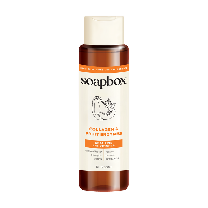 A 16 fl oz bottle of Soapbox Vegan Collagen & Fruit Enzymes Strengthening Conditioner contains vegan collagen peptides and proteolytic papaya. It highlights bond builder benefits, is paraben and sulfate-free, vegan, and safe for color-treated hair.