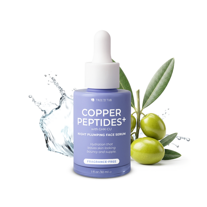 Tree To Tub Copper Peptides Face Serum with Multi-Peptides, Triple Hyaluronic Acid & Squalane—fragrance-free and lightweight—for bouncy, supple skin. Bottle with dropper shown beside green olives and a splash of water.