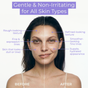 A woman's face shows Before (rough, dull skin) and After (smoother, hydrated skin) results using Tree To Tub Copper Peptides Face Serum with Multi-Peptides, Triple Hyaluronic Acid & Squalane. Text: Gentle & Non-Irritating for All Skin Types.