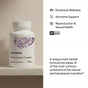 A bottle of Thorne Perimenopause Complete Capsules sits on a surface. Text highlights mood balance, emotional wellness, hormone support, reproductive and sexual health, and describes it as a multi-herbal formula for menopause symptoms.