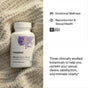 A bottle of Thorne Women's Libido Boost Capsules rests on a cream blanket, highlighting support for emotional and sexual wellness, plus clinically studied botanicals to promote healthy vaginal lubrication.
