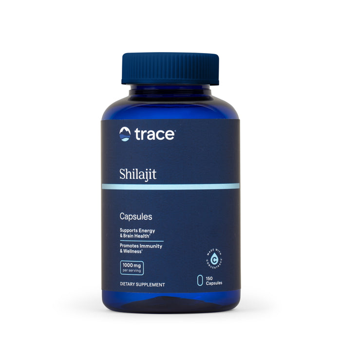 A blue bottle of Trace Minerals Shilajit Capsules with a blue cap highlights Ayurvedic benefits such as energy, brain health, immunity, and wellness. Each bottle has 150 capsules with 1000 mg Shilajit per serving.