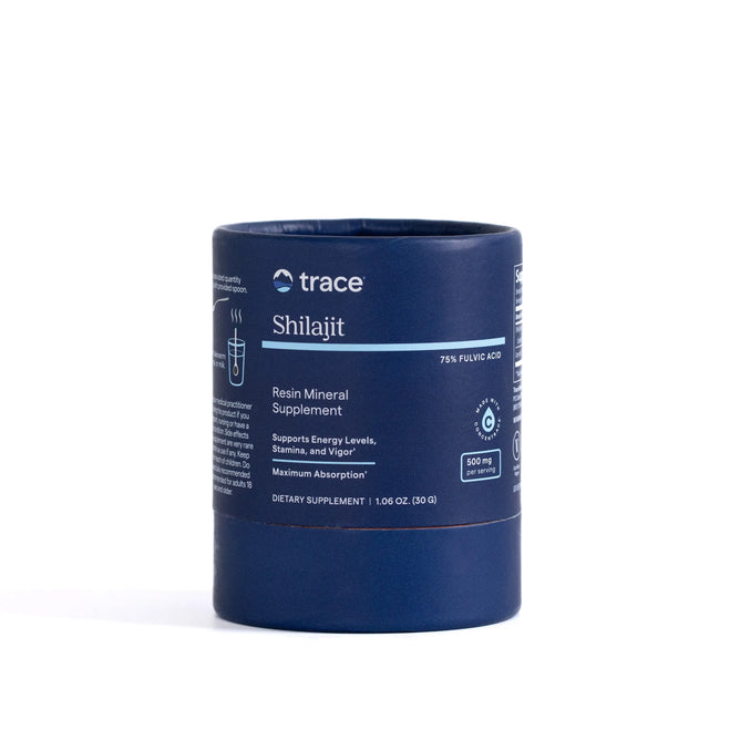Trace Minerals Shilajit Resin is a dark blue cylindrical container of mineral supplement with Ayurvedic benefits, 75% fulvic acid, 500mg per serving, designed for enhanced energy, stamina, and maximum absorption.