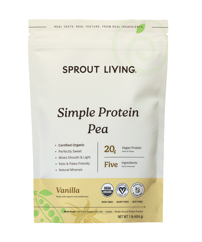 A white and beige pouch of Sprout Living Simple Protein, Organic Pea Protein showcases 20g of plant-based protein from organic yellow peas, emphasizes its five simple ingredients, is non-GMO, dairy free and soy free, and carries USDA Organic certification.