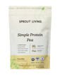 A white and beige pouch of Sprout Living Simple Protein, Organic Pea Protein showcases 20g of plant-based protein from organic yellow peas, emphasizes its five simple ingredients, is non-GMO, dairy free and soy free, and carries USDA Organic certification.