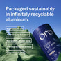 A container of Ora Organic’s So Lean & So Clean: Organic Vegan Protein Powder rests on a green leaf, showcasing its recyclable aluminum packaging, biodegradable scoop, clay desiccant, and organic superfoods with digestive enzymes.