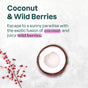 A halved coconut and red berries rest on white. Text reads: ATTITUDE super leaves Body Soap Bar. Escape to paradise with this vegan soap, crafted from natural ingredients for a refreshing, exotic Coconut & Wild Berries fusion.