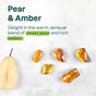 A sliced pear and five shiny amber stones are displayed on a white textured background. Text reads: “super leaves Body Soap Bar by ATTITUDE—enjoy a warm, sensual blend of sweet pear and rich amber with natural, vegan ingredients.”.