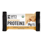 Kate’s Real Food Organic Protein Bar – Snickerdoodle: a 2.2 oz bar with 14g plant-based protein, gluten-free, organic, sweetened with honey, and wrapped in packaging featuring snickerdoodle cookie images.