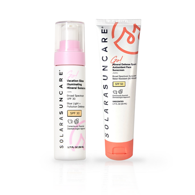 Solara Suncare’s special offer—Buy Daily SPF 30 Moisturizer, Get Sport SPF 50 FREE—features two upright sunscreen products displayed on a white background: a pink-capped pump bottle of Daily SPF 30 Moisturizer and a white-and-orange tube of Sport SPF 50. Both formulas go beyond sun protection, blending mineral SPF defense with antioxidant benefits to help shield your skin and encourage a healthy, radiant complexion.