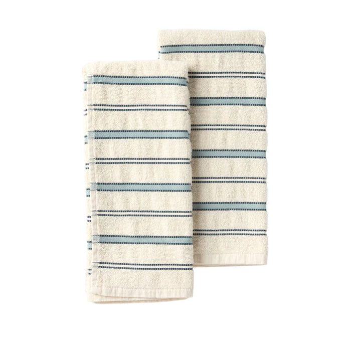 The Coyuchi Acacia Organic Hand Towel, Set of 2, features two cream-colored towels adorned with horizontal blue and black textured stripes, neatly folded and positioned side by side on a light gray background to highlight their stylish design and exceptional absorbency.