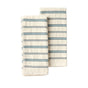 The Coyuchi Acacia Organic Hand Towel, Set of 2, features two cream-colored towels adorned with horizontal blue and black textured stripes, neatly folded and positioned side by side on a light gray background to highlight their stylish design and exceptional absorbency.
