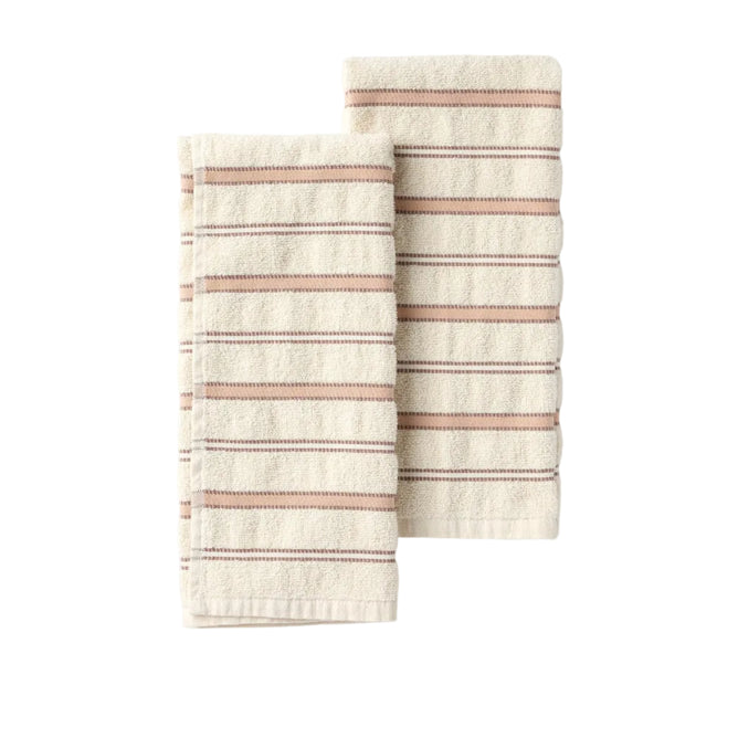 Two folded Acacia Organic Hand Towels from Coyuchi, featuring cream-colored stripes with horizontal brown, rust, and beige lines, are placed side by side on a plain white background—each absorbent towel in this set of two offers both functionality and style as a decorative kitchen or hand towel.