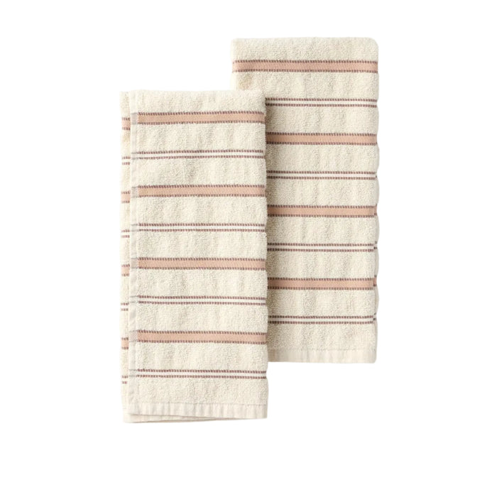 Two folded Acacia Organic Hand Towels from Coyuchi, featuring cream-colored stripes with horizontal brown, rust, and beige lines, are placed side by side on a plain white background—each absorbent towel in this set of two offers both functionality and style as a decorative kitchen or hand towel.