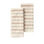 Two folded Acacia Organic Hand Towels from Coyuchi, featuring cream-colored stripes with horizontal brown, rust, and beige lines, are placed side by side on a plain white background—each absorbent towel in this set of two offers both functionality and style as a decorative kitchen or hand towel.