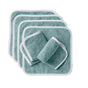 Six teal, square Cloud Loom™ Organic Baby Wash Cloths by Coyuchi, featuring white trim and crafted from ultra-soft organic cotton, are artfully displayed on a white background. Four washcloths are fanned out in a neat stack, while two are rolled and set in front—perfect for gentle baby care.