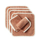 A set of six Cloud Loom™ Organic Baby Wash Cloths by Coyuchi—brown, square-shaped, and edged in white—are displayed overlapping one another, with one cloth rolled up and resting on top. Crafted from soft and absorbent organic cotton, these durable washcloths are perfect for gentle baby care or everyday cleansing.