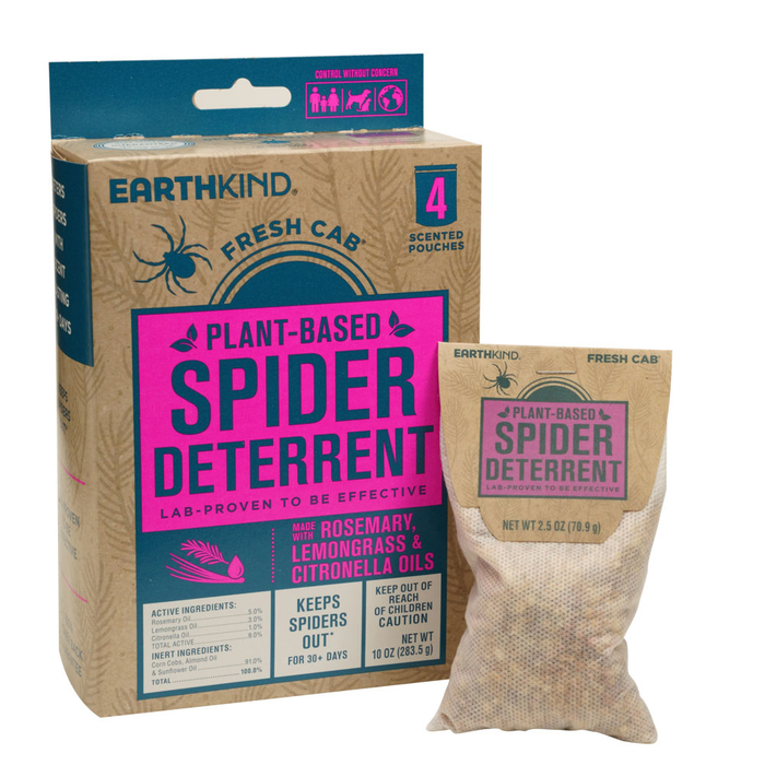 A box and pouch of Earthkind Fresh Cab® Spider Deterrent with rosemary, lemongrass, and citronella oils. The pack contains 4 scented pouches and claims lab-proven, no-kill spider control.