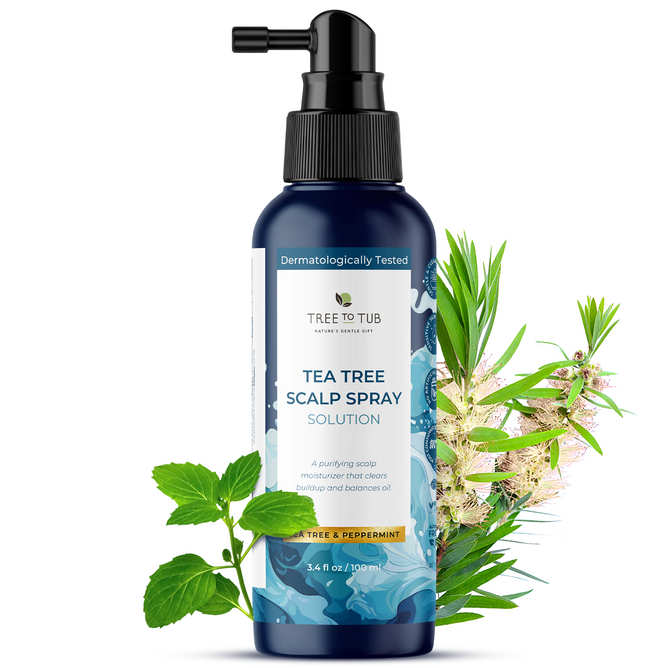 A blue 3.4 oz bottle of Tree To Tub Instant Relief Calming Scalp & Hair Spray with a black pump, designed for dry, itchy, or flaky scalp care. Surrounded by tea tree and peppermint leaves—ideal as an itchy scalp treatment.