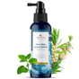 A blue 3.4 oz bottle of Tree To Tub Instant Relief Calming Scalp & Hair Spray with a black pump, designed for dry, itchy, or flaky scalp care. Surrounded by tea tree and peppermint leaves—ideal as an itchy scalp treatment.