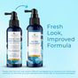 Two blue bottles of Tree To Tub Instant Relief Calming Scalp & Hair Spray for Dry, Itchy or Flaky Scalp with black pumps are on a light blue background. Text reads: “Fresh Look, Improved Formula.” Packaging may vary.