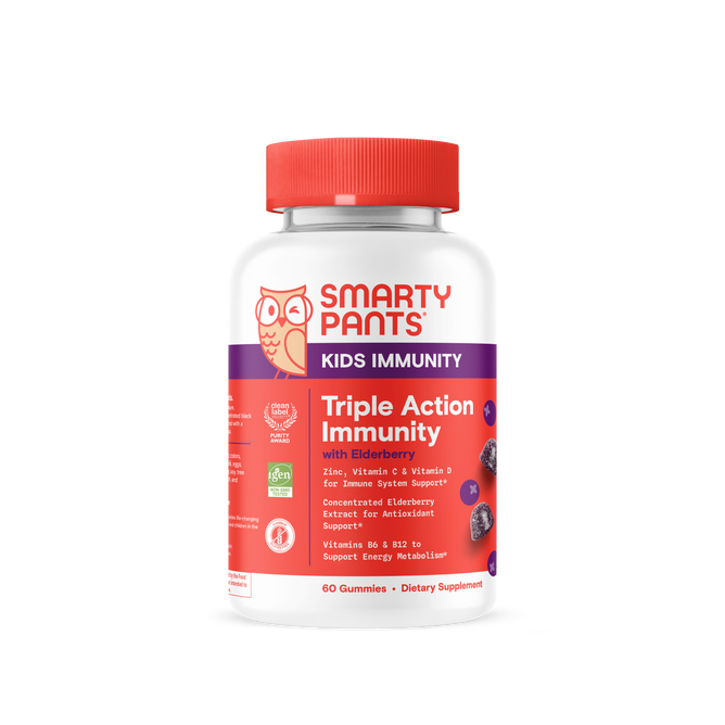 Smarty Pants Kids Triple Action Immunity + Elderberry 60count provides tasty gummies with vitamins and antioxidants to support kids immune health. Each bottle contains 60 gummies.