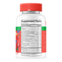 A white bottle with a red cap labeled “Supplement Facts” on the back displays the nutritional information for SmartyPants Kids Organic Multi & Omega Gummies, which are gluten-free and vegetarian, surrounded by illustrations of various fruits and supplement ingredients.