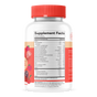 A white bottle with a red cap labeled Supplement Facts displays nutritional information and ingredients for SmartyPants Kids+ Multi & Omegas Gummy, a children’s multivitamin featuring Omega-3 DHA; images of fruit are partly visible on the left side, emphasizing this kids’ vitamins supplement.