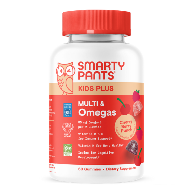 SmartyPants Kids+ Multi & Omegas Gummy in Cherry Berry Punch flavor comes in a bottle decorated with an owl and pictures of berries. The label showcases essential children’s vitamins, Omega-3 DHA, and other important nutrients to help support your child’s health.