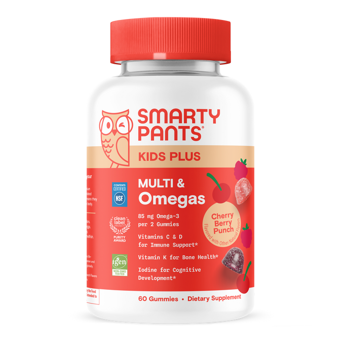 SmartyPants Kids+ Multi & Omegas Gummy in Cherry Berry Punch flavor comes in a bottle decorated with an owl and pictures of berries. The label showcases essential children’s vitamins, Omega-3 DHA, and other important nutrients to help support your child’s health.