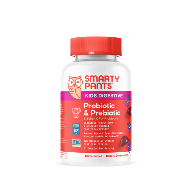 A bottle of SmartyPants Kids Probiotic & Prebiotic Gummy features a red cap, white label, and colorful berry illustrations. The label emphasizes digestive health and immune support benefits, offering a delicious probiotic supplement specially crafted to help support your child’s gut microbiome.