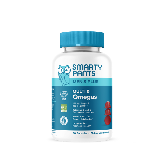 Smarty Pants Mens Plus Multi & Omegas 90count features a blue and white label with an owl. This omega-3 supplement supports immune and thyroid health, offering 90 gummies packed with essential vitamins.