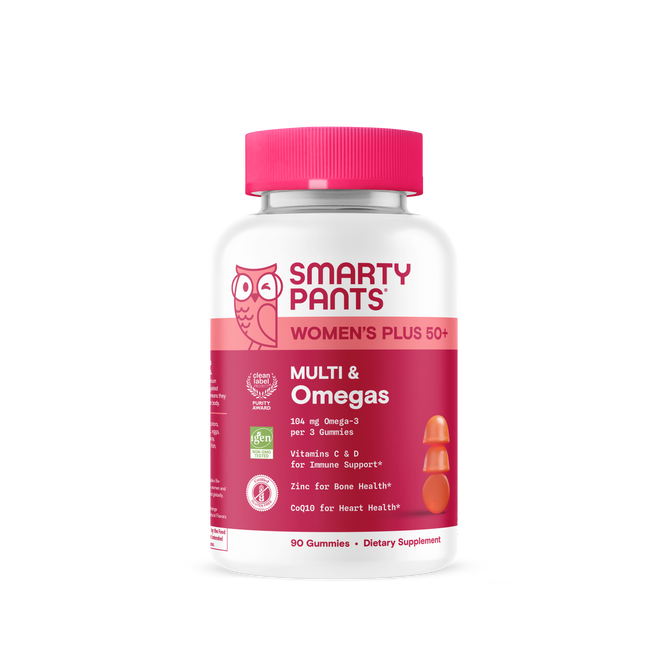 A 90-count bottle of SmartyPants Womens 50+ Plus Multi & Omegas, a multivitamin for women over 50, features a pink cap and label with an owl graphic and icons highlighting daily nutrients plus omega-3 DHA/EPA.