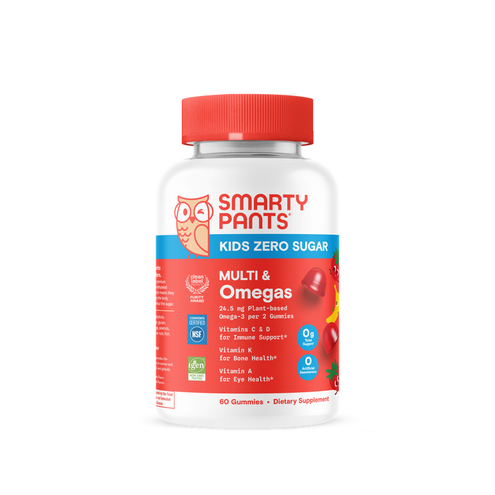 A bottle of SmartyPants Kids Zero Sugar Multi & Omegas Gummies with a red cap and a label featuring an owl mascot, berry illustrations, and nutritional highlights of this zero sugar supplement.