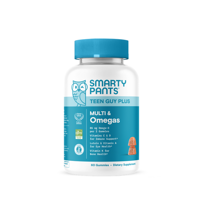 A white bottle with a blue label reads Smarty Pants Teen Guy Plus Multi & Omegas 60count. This teen multivitamin provides Omega-3, lutein, vitamin K, and key vitamins for immune, eye, and bone health. Contains 60 gummies.