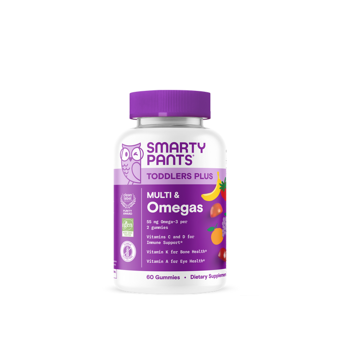 A bottle of Smarty Pants Toddler Plus Multi & Omegas 60count toddler multivitamin gummies, with a purple cap and label featuring fruit images, contains 60 gummies.