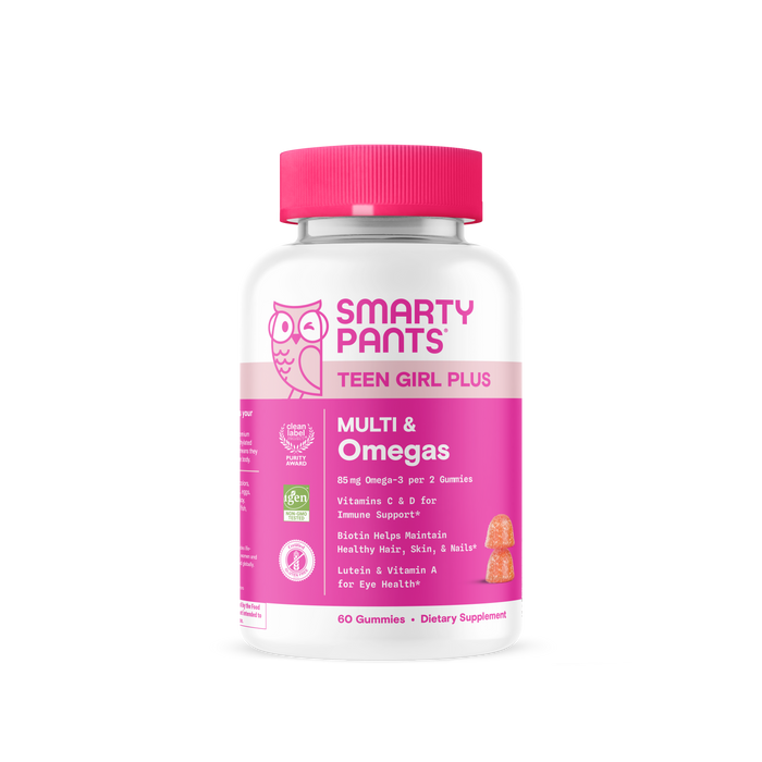 Smarty Pants Teen Girl Plus Multi & Omegas 60count features a pink label and contains 60 gummies. Packed with vitamins and omegas, it’s specially formulated for teen girls.