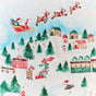 Santa Claus soars above a snowy village with reindeer as a penguin skates below, surrounded by houses, Christmas trees, and gifts wrapped in Sarahs Silks Winter Wonderland Reusable Gift Wrap Furoshiki Set.