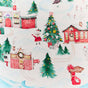 Sarahs Silks Winter Wonderland Reusable Gift Wrap Furoshiki Set features a watercolor North Pole village with decorated houses, Christmas trees, Mrs. Claus, snowman, polar bear, candy canes, and gifts wrapped sustainably on a snowy backdrop.