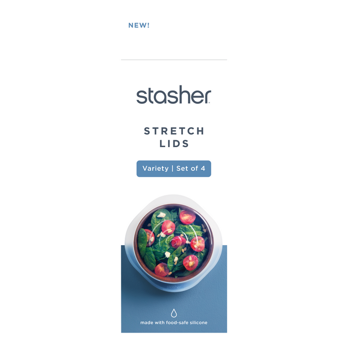 Stasher Reusable Stretch Lids 4-pack packaging shows a bowl of salad with tomatoes and greens under a stretch lid. Text highlights NEW! and notes the lids are made with food-safe silicone for smart food storage.