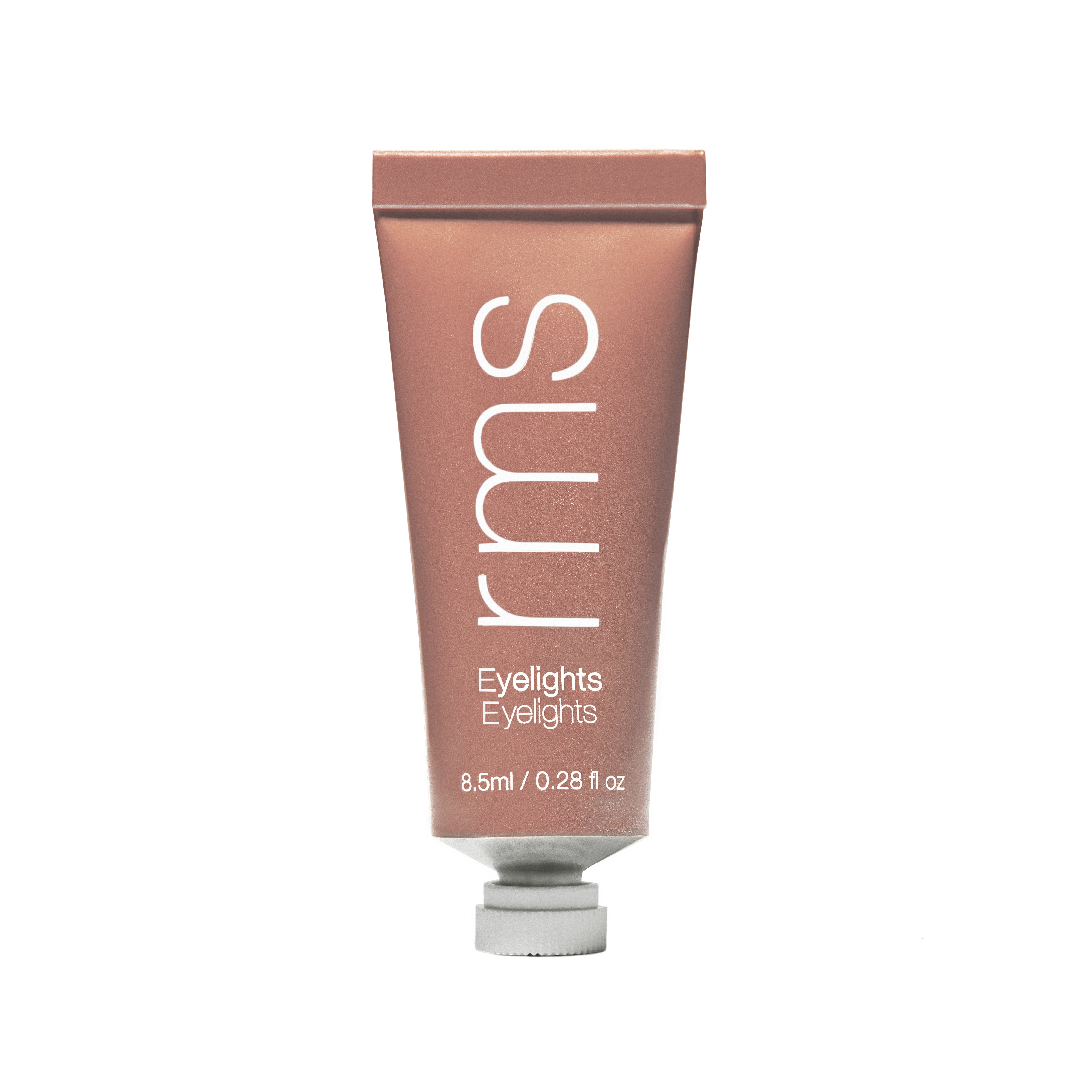 A metallic rose-gold tube labeled RMS Beauty Eyelights Cream Eyeshadow, 8.5 ml / 0.28 fl oz, with luminous cream formula and organic green tea, stands upright with a white screw cap against a white background.