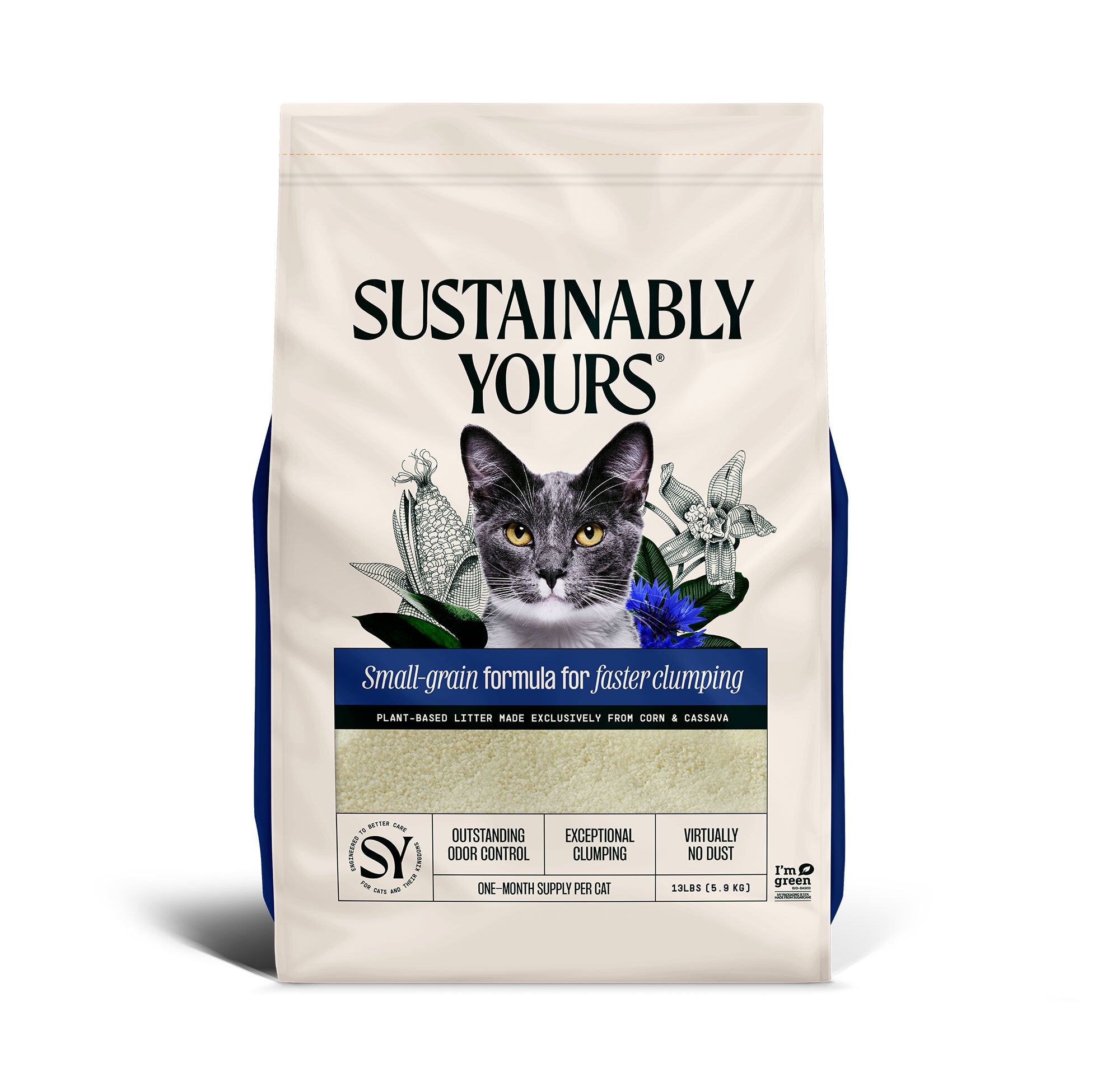 The Sustainably Yours 13lb eco-friendly cat litter bag displays a grayscale cat face and green text highlighting the plant-based small-grain formula made from corn and cassava, offering odor control and clumping benefits.